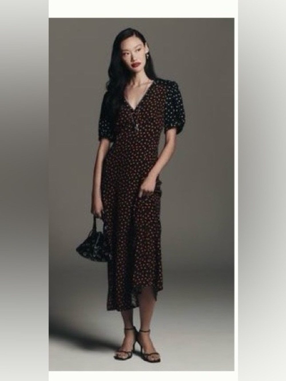 Anthropologie Black Floral Midi Dress with Puff Sleeves
